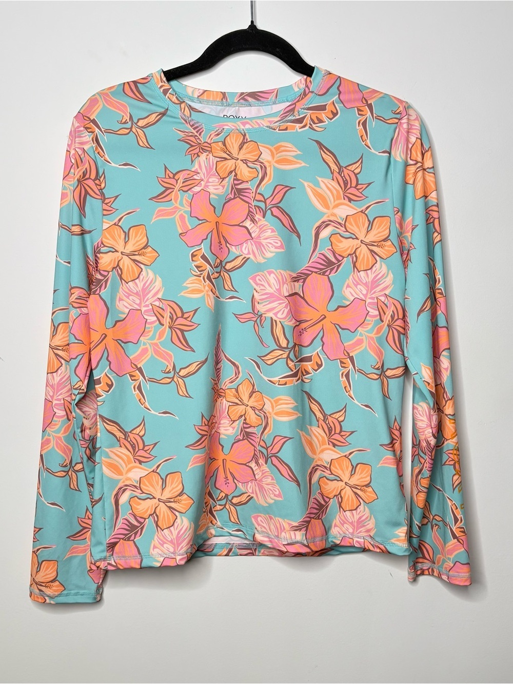 Roxy Blue and Orange Fitted Graphic Long Sleeve Rash Guard Size Large SPF 50